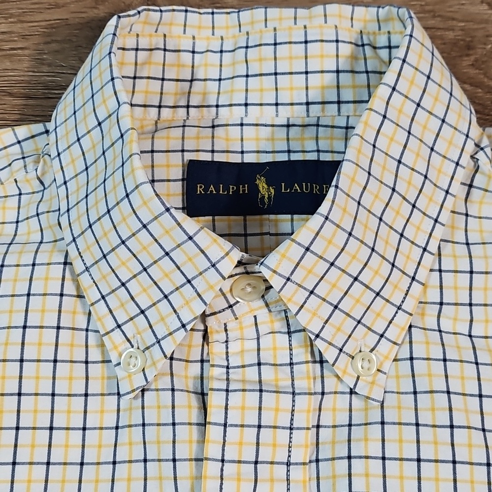 Ralph Lauren 100% Cotton Yellow Navy Check Plaid Long Sleeve Button Down Shirt - Picture 5 of 14